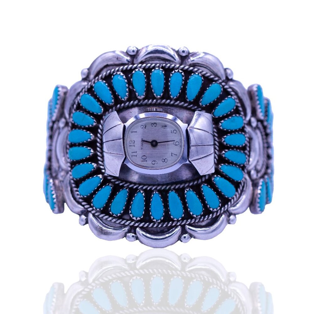 Zuni Sterling Silver Turquoise Rosette Cluster Old Pawn Watch Cuff